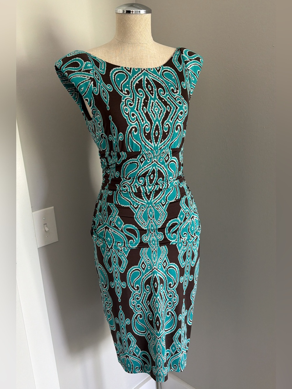 2000s INC International Concepts Brown Turquoise Geometric Knit Sheath Dress PM